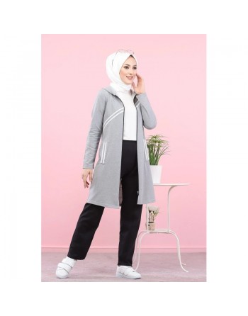 Veste sweat longue à capuche pour hijab sport - Couleur gris clair 