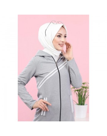 Veste sweat longue à capuche pour hijab sport - Couleur gris clair 