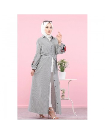 Robe chemise imprimée à rayures (Vetement hijab femme voilée) - Couleur gris et blanc 