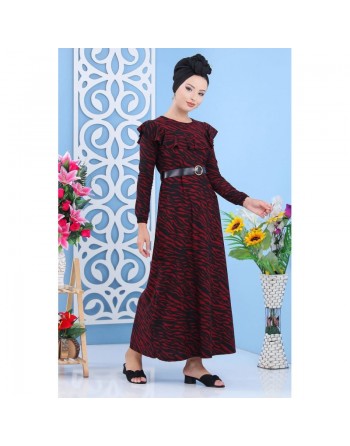 Robe longue à imprimés léopard avec ceinture pour femme - Couleur noir et bordeaux 