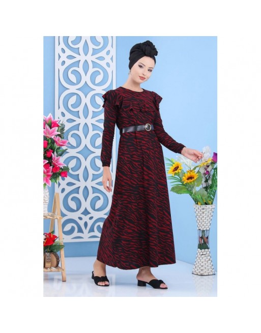 Robe longue à imprimés léopard avec ceinture pour femme - Couleur noir et bordeaux Robe longue à imprimés léopard avec ceinture pour femme - Couleur noir et bordeaux