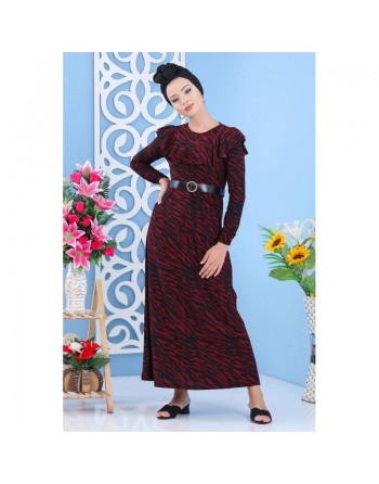 Robe longue à imprimés léopard avec ceinture pour femme - Couleur noir et bordeaux 