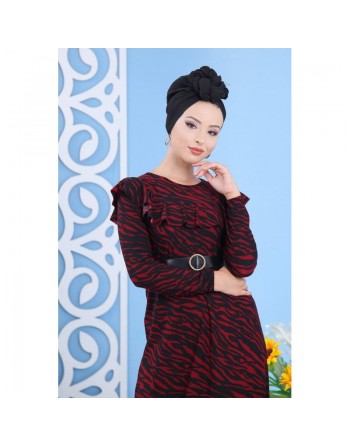 Robe longue à imprimés léopard avec ceinture pour femme - Couleur noir et bordeaux 