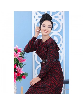 Robe longue à imprimés léopard avec ceinture pour femme - Couleur noir et bordeaux 