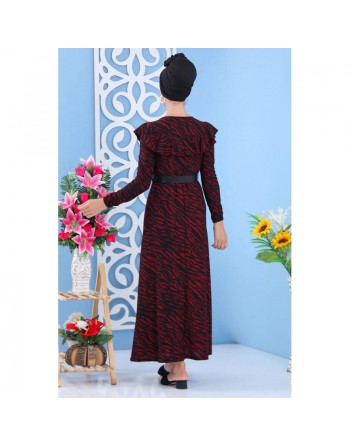Robe longue à imprimés léopard avec ceinture pour femme - Couleur noir et bordeaux 