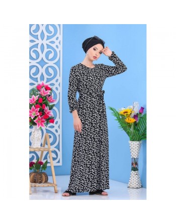Robe longue décontractée (Maxi Dress) à imprimés nénuphar pour femme - Couleur noir avec fleurs blanches 