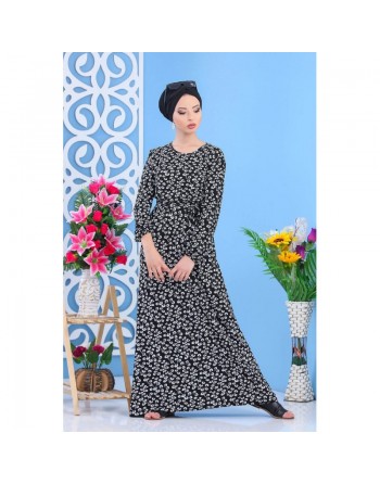 Robe longue décontractée (Maxi Dress) à imprimés nénuphar pour femme - Couleur noir avec fleurs blanches 