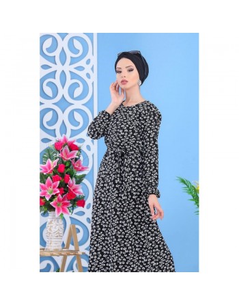 Robe longue décontractée (Maxi Dress) à imprimés nénuphar pour femme - Couleur noir avec fleurs blanches 