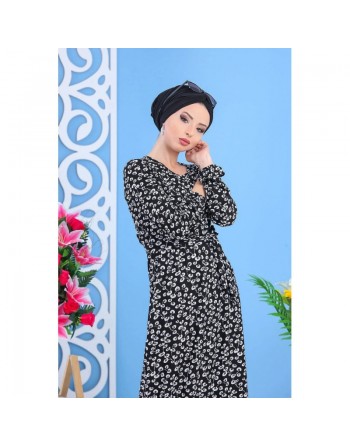 Robe longue décontractée (Maxi Dress) à imprimés nénuphar pour femme - Couleur noir avec fleurs blanches 