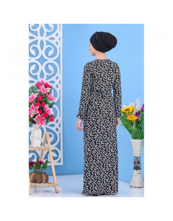 Robe longue décontractée (Maxi Dress) à imprimés nénuphar pour femme - Couleur noir avec fleurs blanches 