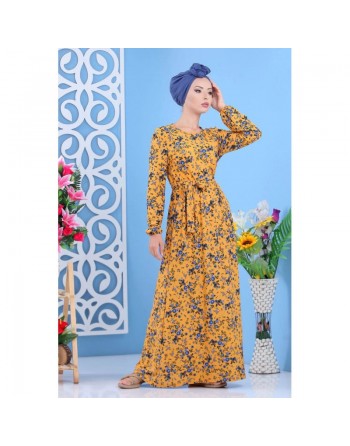 Robe décontractée maxi-longue imprimée floral pour femme - Couleur jaune moutarde et motif fleur bleu 