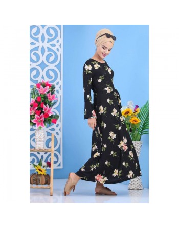 Robe longue fleurie pour femme (motifs fleurs) de marque Amelis Paris - Couleur Noire 