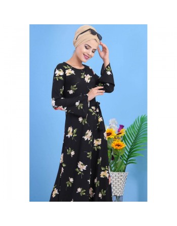 Robe longue fleurie pour femme (motifs fleurs) de marque Amelis Paris - Couleur Noire 