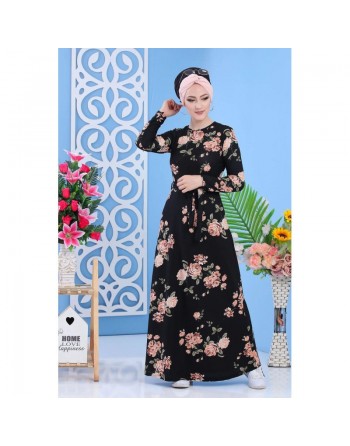 Robe décontractée maxi-longue noire fleurie pour femme 