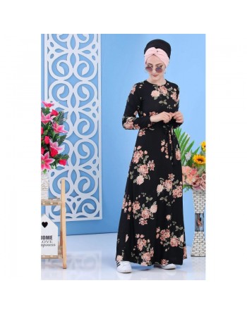 Robe décontractée maxi-longue noire fleurie pour femme 