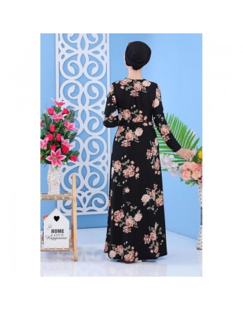 Robe décontractée maxi-longue noire fleurie pour femme 