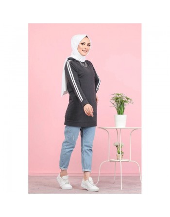 Tunique décontractée Sweat à capuche pour femme (Sweat-shirt moderne & Modest Fashion) - Couleur anthracite (Gris chiné) 
