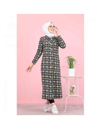 Tunique longue boutonnée (Vetement femme voilée Automne-Hiver) - Couleur noire et moutarde 