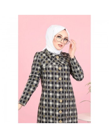 Tunique longue boutonnée (Vetement femme voilée Automne-Hiver) - Couleur noire et moutarde 