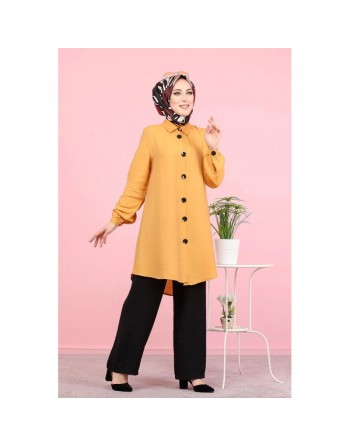 Chemise mi-longue fluide ample légèrement brillante (Chemises femme Turquie voilée) - Couleur jaune Moutarde 