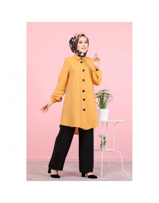 Chemise mi-longue fluide ample légèrement brillante (Chemises femme Turquie voilée) - Couleur jaune Moutarde 