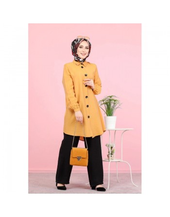 Chemise mi-longue fluide ample légèrement brillante (Chemises femme Turquie voilée) - Couleur jaune Moutarde 