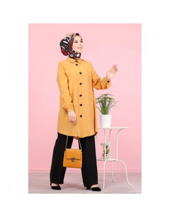 Chemise mi-longue fluide ample légèrement brillante (Chemises femme Turquie voilée) - Couleur jaune Moutarde 