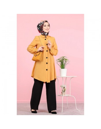 Chemise mi-longue fluide ample légèrement brillante (Chemises femme Turquie voilée) - Couleur jaune Moutarde 
