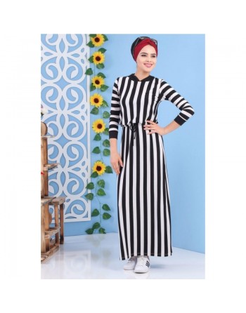 Robe décontractée pas cher à rayures blanches et capuche noire pour femme 