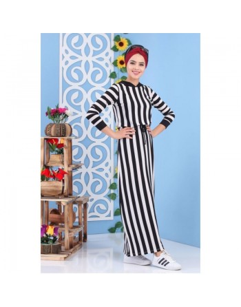 Robe décontractée pas cher à rayures blanches et capuche noire pour femme 
