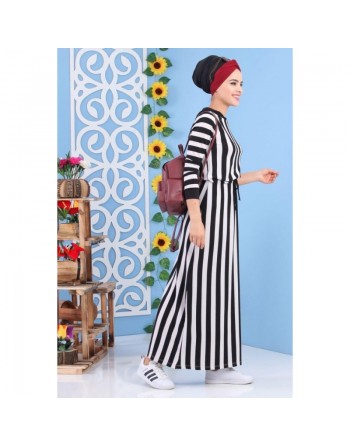 Robe décontractée pas cher à rayures blanches et capuche noire pour femme 