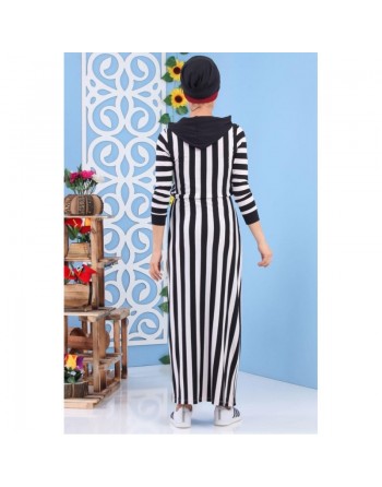 Robe décontractée pas cher à rayures blanches et capuche noire pour femme 