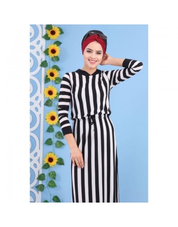 Robe décontractée pas cher à rayures blanches et capuche noire pour femme 