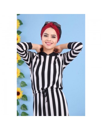 Robe décontractée pas cher à rayures blanches et capuche noire pour femme 