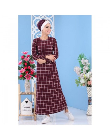 Robe avec imprimés à carreaux de couleur aubergine (grandes tailles) - Vetement femme voilée moderne 