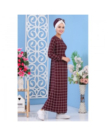 Robe avec imprimés à carreaux de couleur aubergine (grandes tailles) - Vetement femme voilée moderne 