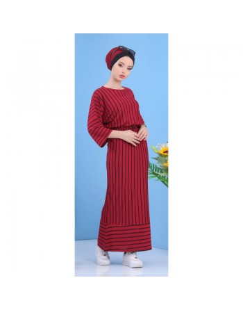 Robe longue à rayures style décontracté pour femme - Couleur framboise 