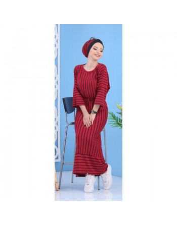 Robe longue à rayures style décontracté pour femme - Couleur framboise 