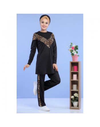 Ensemble survêtement femme 2 pièces motif léopard (Vêtement Sport Grande Taille) - Couleur Noir 