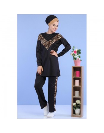 Ensemble survêtement femme 2 pièces motif léopard (Vêtement Sport Grande Taille) - Couleur Noir 