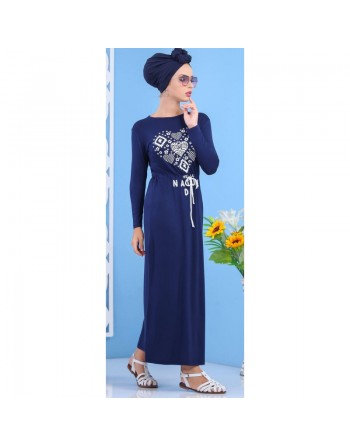 Robe Longue Décontractée imprimée pour femme - Couleur Bleu marine 