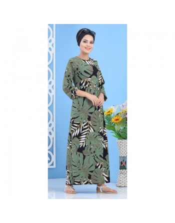 Robe fleurie décontractée à motifs feuilles pour femme - Couleur kaki, noir et blanc 