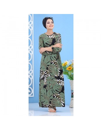 Robe fleurie décontractée à motifs feuilles pour femme - Couleur kaki, noir et blanc 
