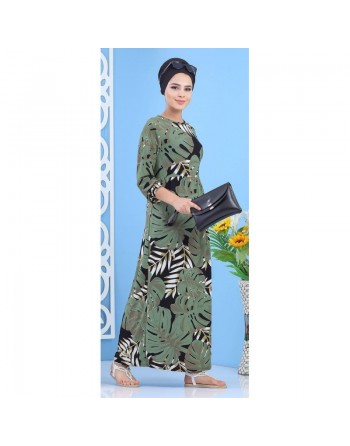 Robe fleurie décontractée à motifs feuilles pour femme - Couleur kaki, noir et blanc 