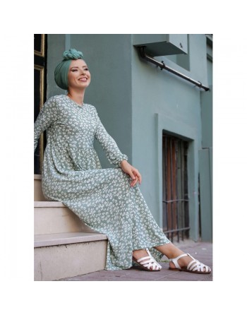 Robe à motifs couleur vert clair (Vêtement femme de Turquie pas cher) 