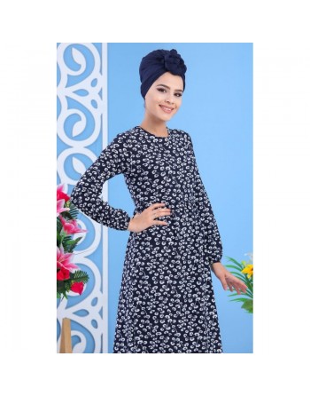 Robe à motifs feuille nénuphar pour femme - Couleur bleu marine 