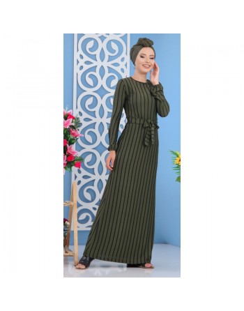 Robe longue à rayures noires de couleurs vert kaki (vêtements femme en ligne fabrication turque) 