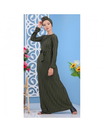 Robe longue à rayures noires de couleurs vert kaki (vêtements femme en ligne fabrication turque) 