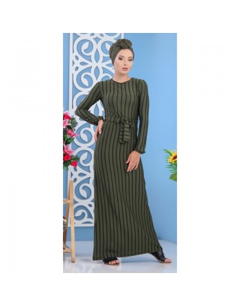 Robe longue à rayures noires de couleurs vert kaki (vêtements femme en ligne fabrication turque) 