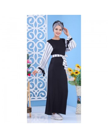 Robe pas chère de couleur noire avec manches à rayures grises et blanches pour femme 